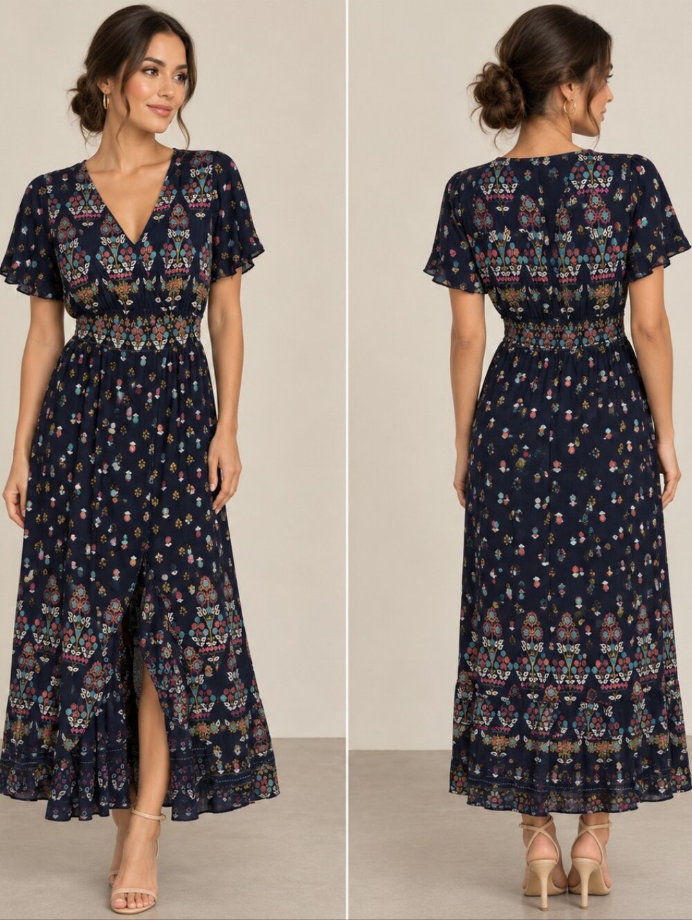 Blue Navy Floral V-Neck Maxi Dress with Short Sleeves